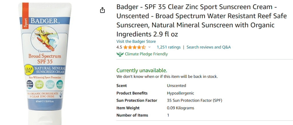 Слънцезащитен крем Badger Sport Sunscreen Cream SPF 35